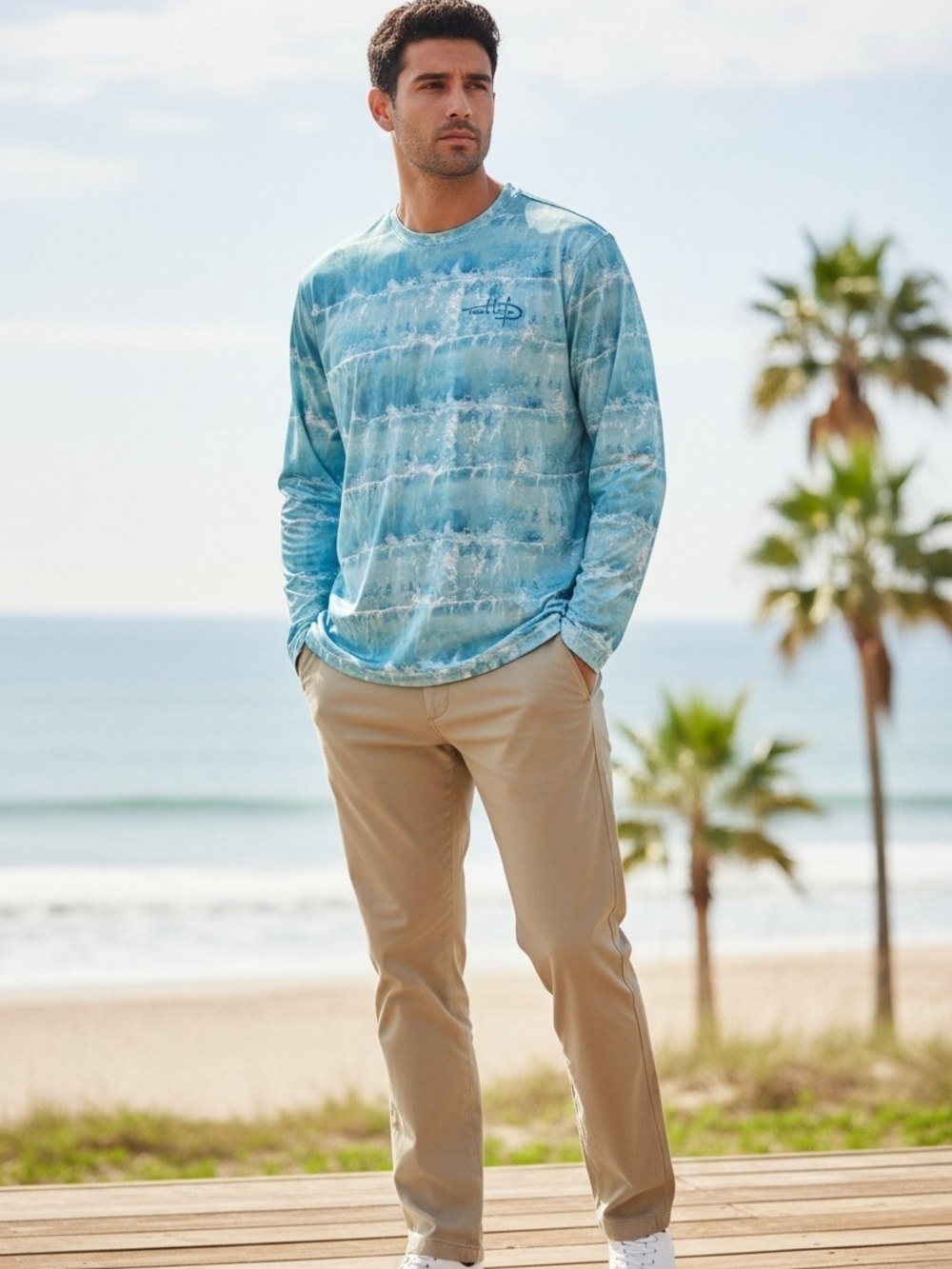 Men's REEL LIFE Aqua Tie-Dye Long Sleeve Crew Neck Shirt SZ XL